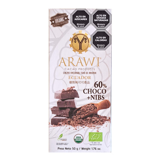 Chocolate Nibs Orgánico 60% Cacao Arawi 50 gr
